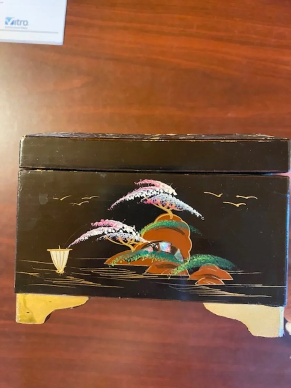 Vintage black music jewelry box with mother of pearl pagoda scene - Asian music